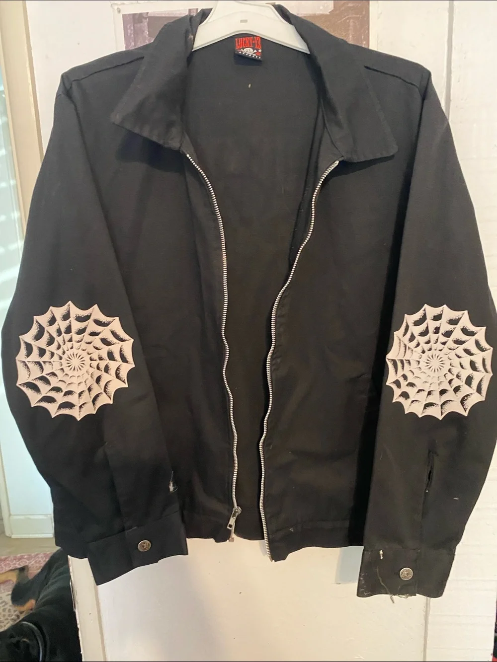 Lucky Brand Black Zip-Up Jacket with Beige Spiderweb Elbow Patches